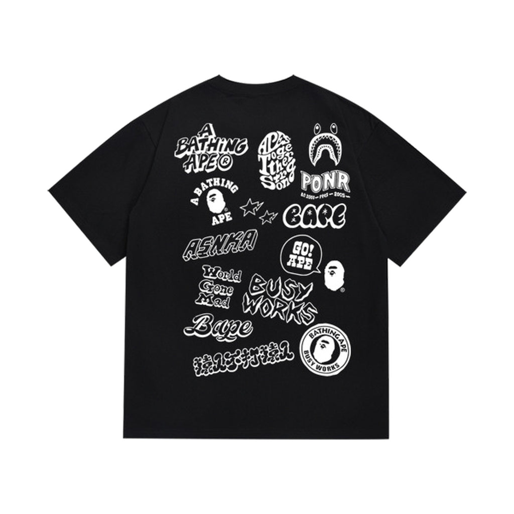 Black graphic T-shirt, large assortment of doodle graphics, back view