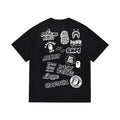 Black graphic T-shirt, large assortment of doodle graphics, back view