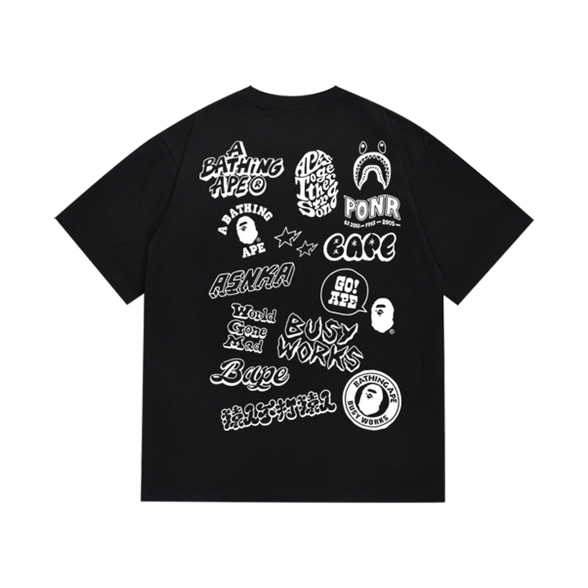Black graphic T-shirt, large assortment of doodle graphics, back view