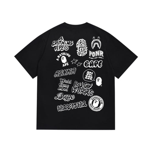 Black graphic T-shirt, large assortment of doodle graphics, back view