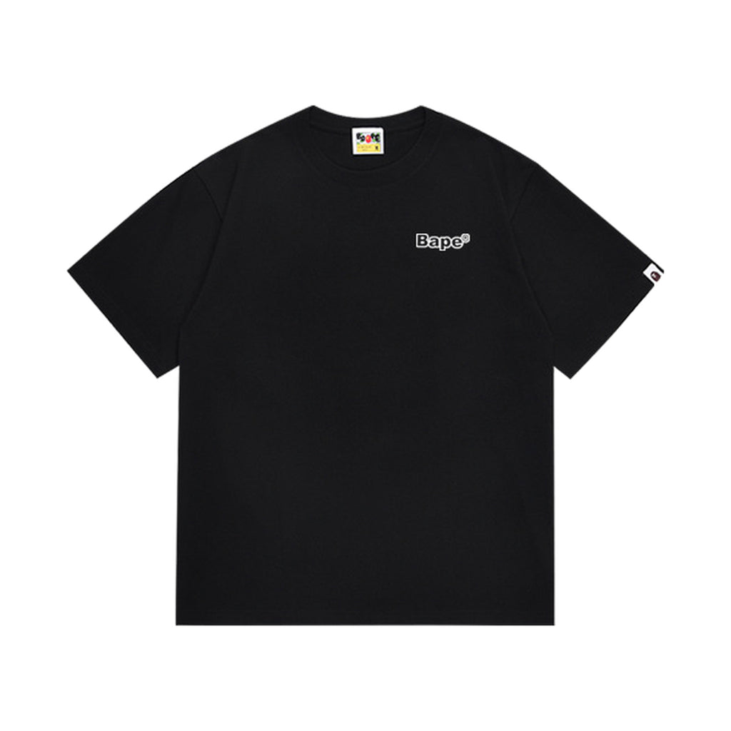 Black graphic T-shirt, small chest lettering, front view