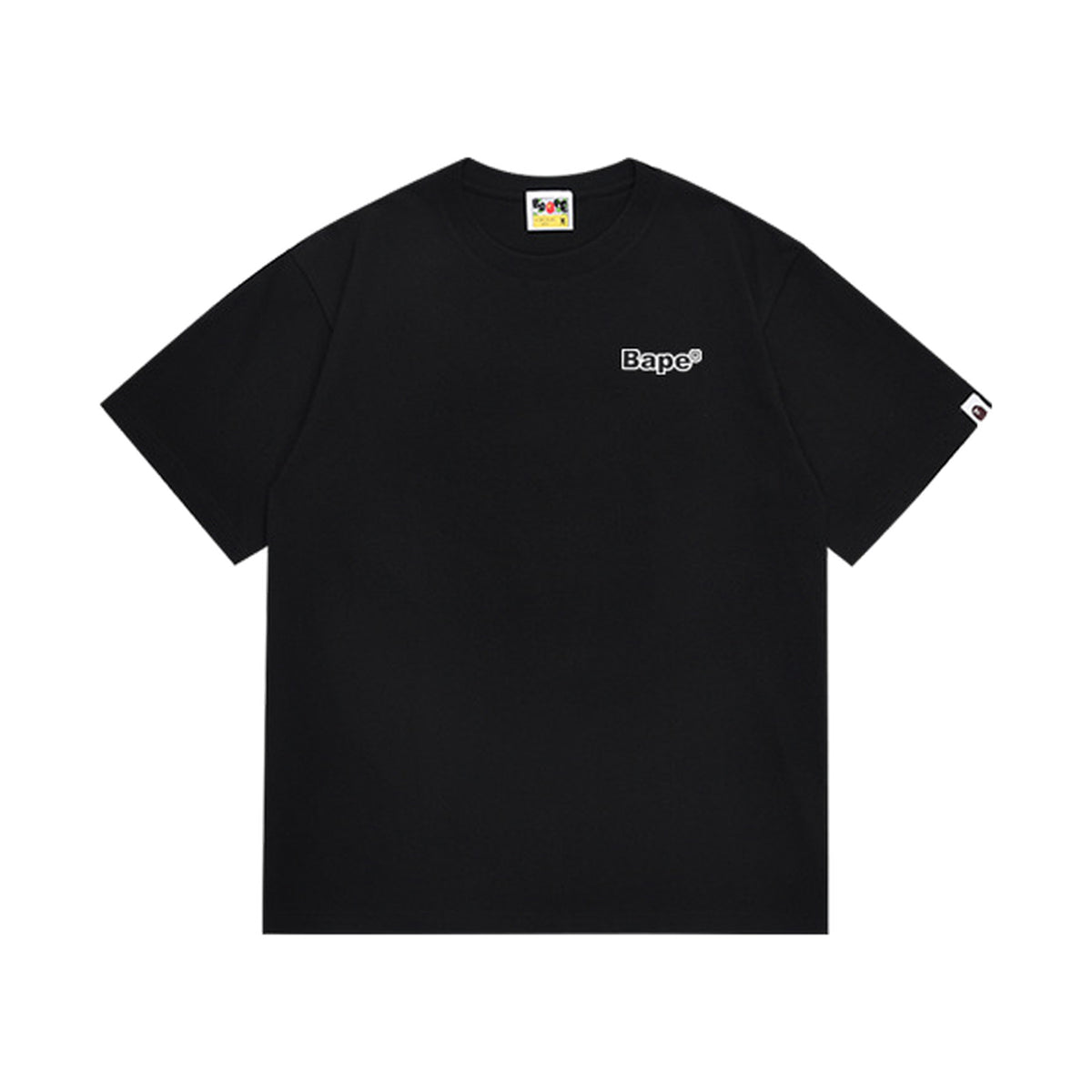 Black graphic T-shirt, small chest lettering, front view