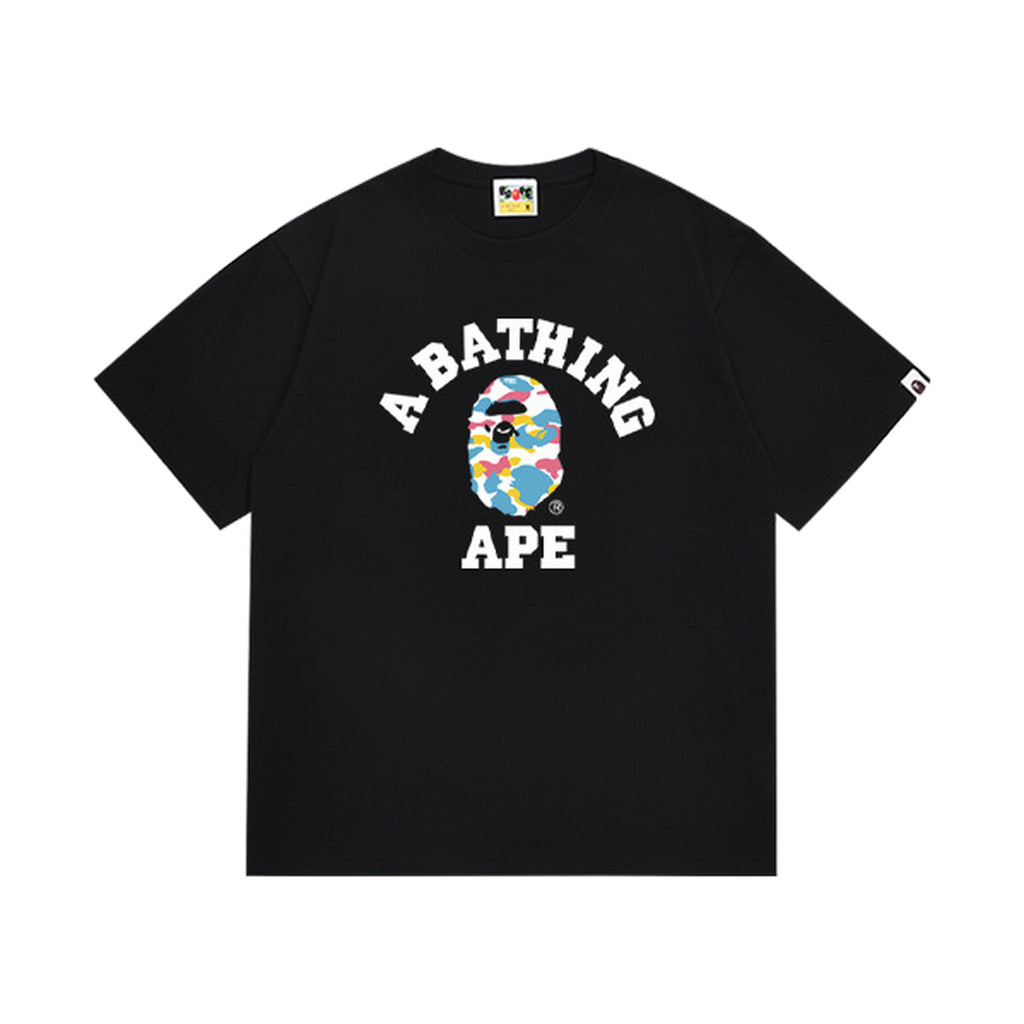 Black graphic T-shirt, arched white lettering and multicolor camouflage ape-head graphic, front view