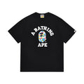 Black graphic T-shirt, arched white lettering and multicolor camouflage ape-head graphic, front view