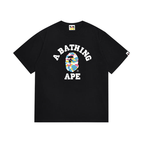 Black graphic T-shirt, arched white lettering and multicolor camouflage ape-head graphic, front view