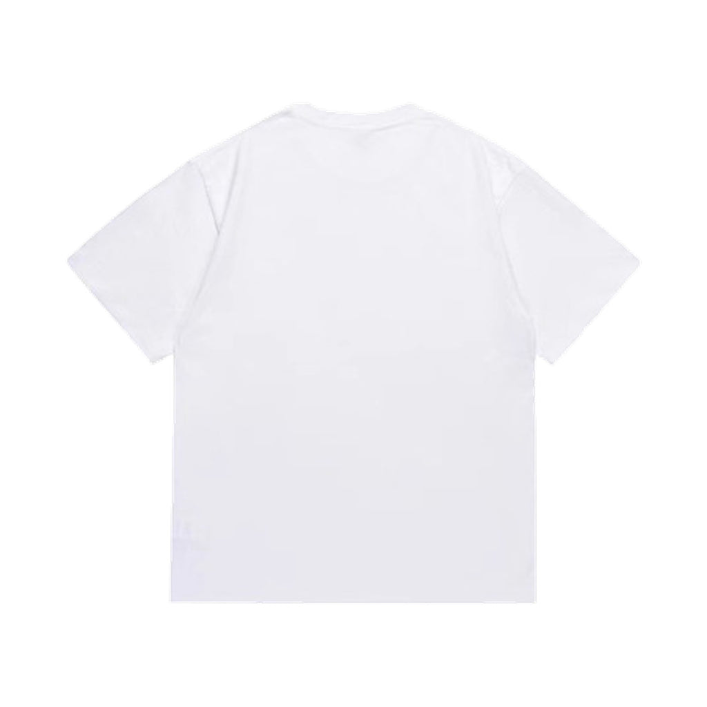 White graphic T-shirt, plain back, back view