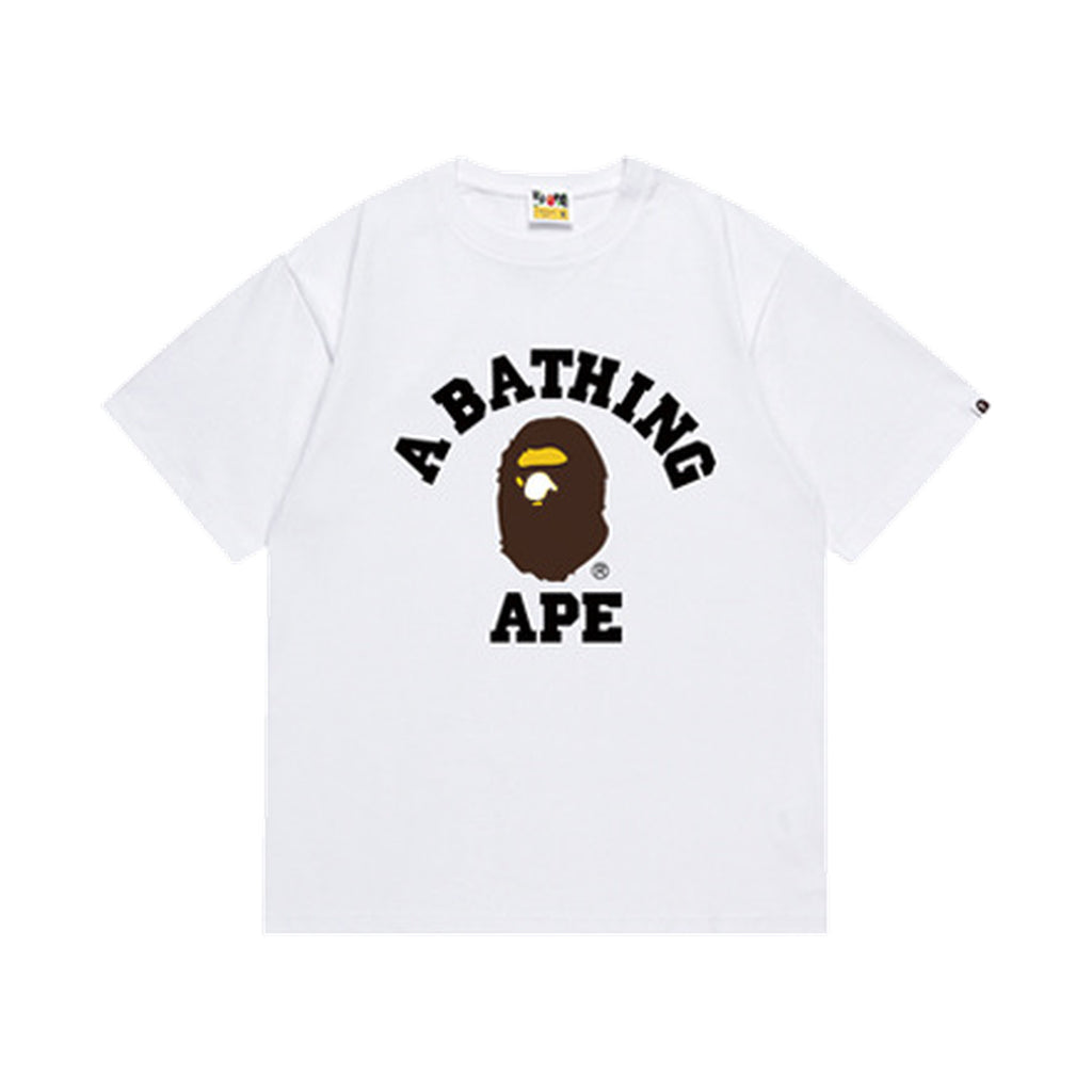 White graphic T-shirt, arched black lettering and brown and yellow ape-head graphic, front view
