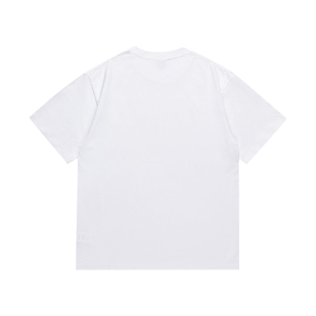 White graphic T-shirt, plain back, back view
