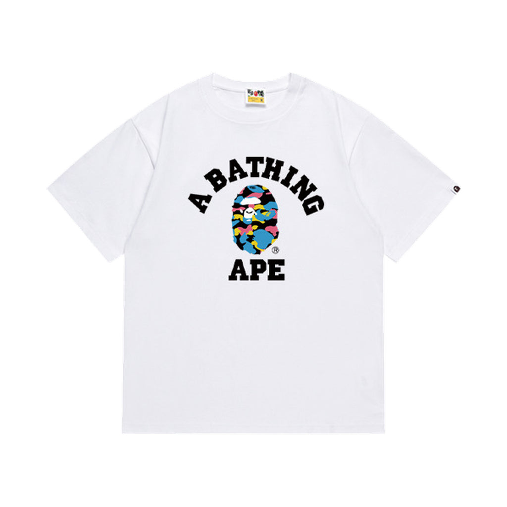 White graphic T-shirt, arched black lettering and multicolor camouflage ape-head graphic, front view
