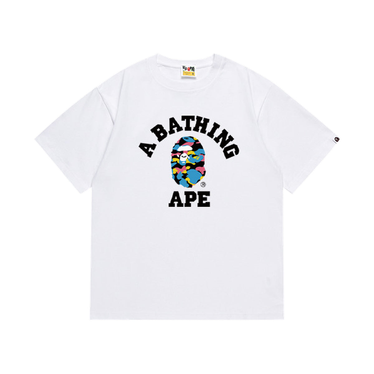 White graphic T-shirt, arched black lettering and multicolor camouflage ape-head graphic, front view