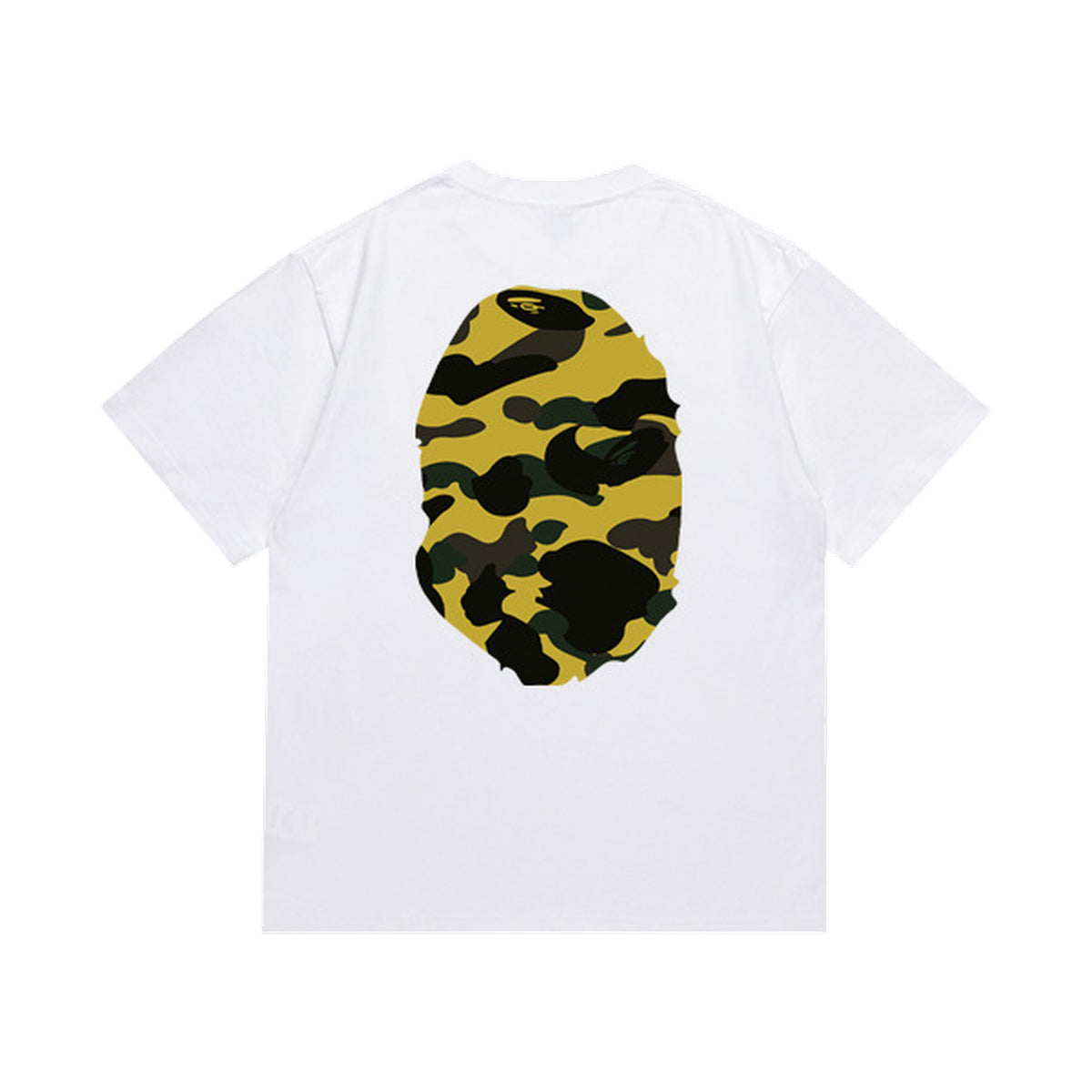 White graphic T-shirt, large yellow and black camouflage ape-head graphics on front and back, back view