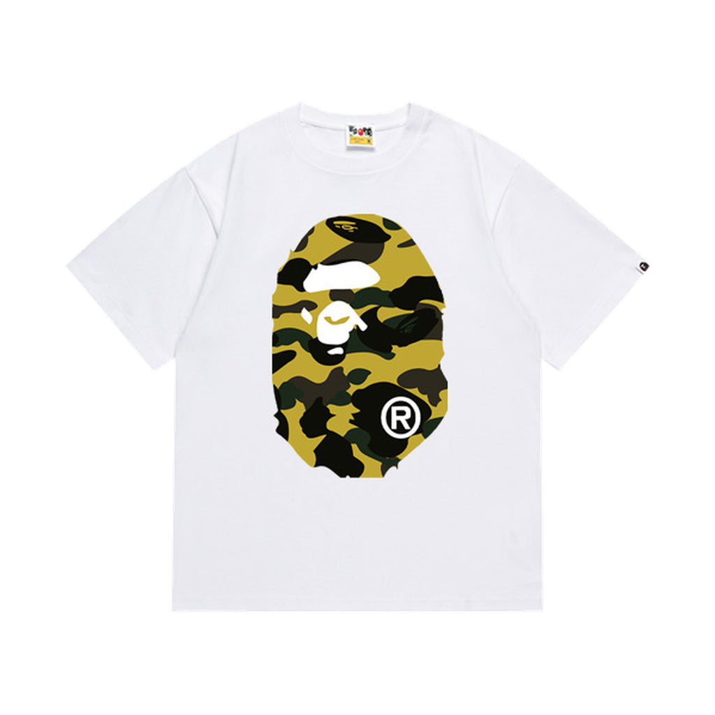 White graphic T-shirt, large yellow and black camouflage ape-head graphics on front and back, front view