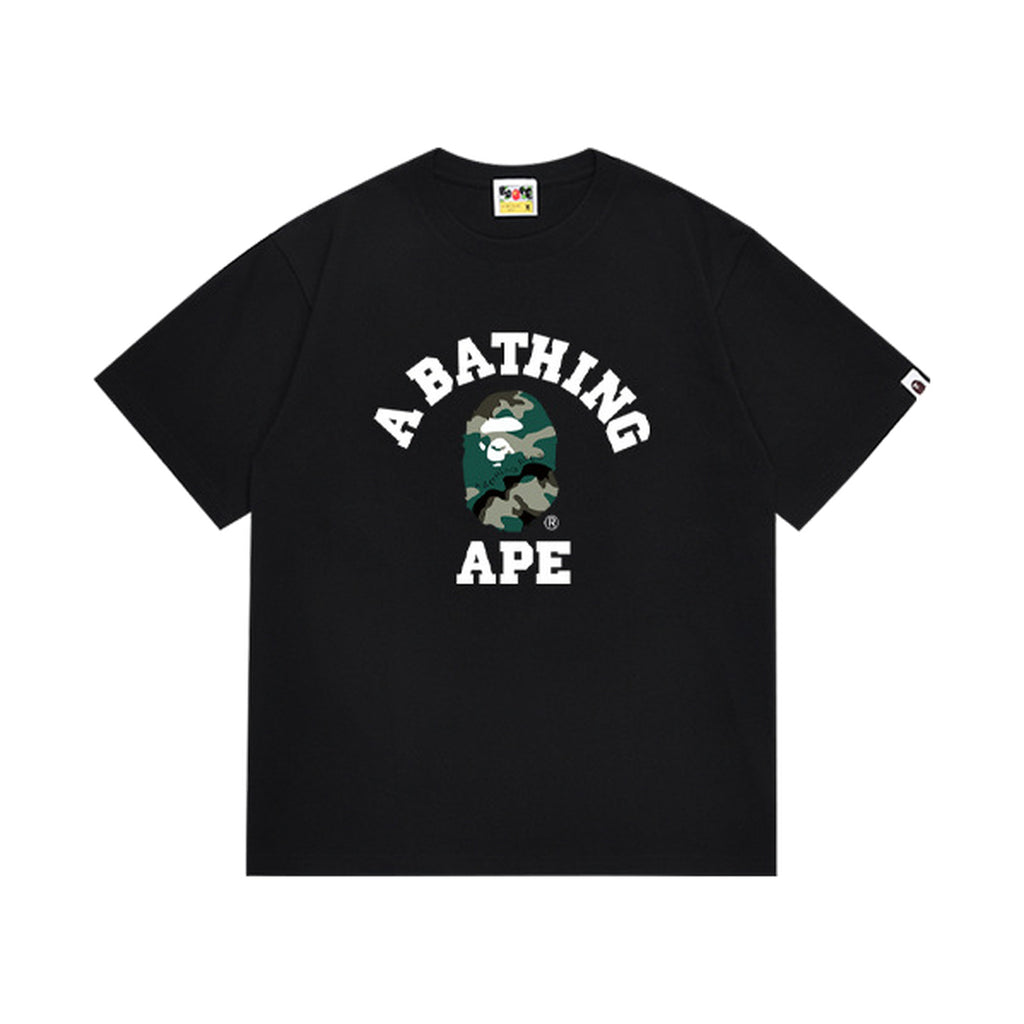 Black graphic T-shirt, arched white lettering and green camouflage ape-head graphic, front view