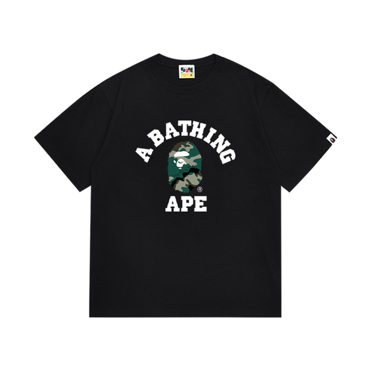 Black graphic T-shirt, arched white lettering and green camouflage ape-head graphic, front view