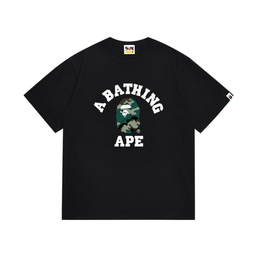 Black graphic T-shirt, arched white lettering and green camouflage ape-head graphic, front view