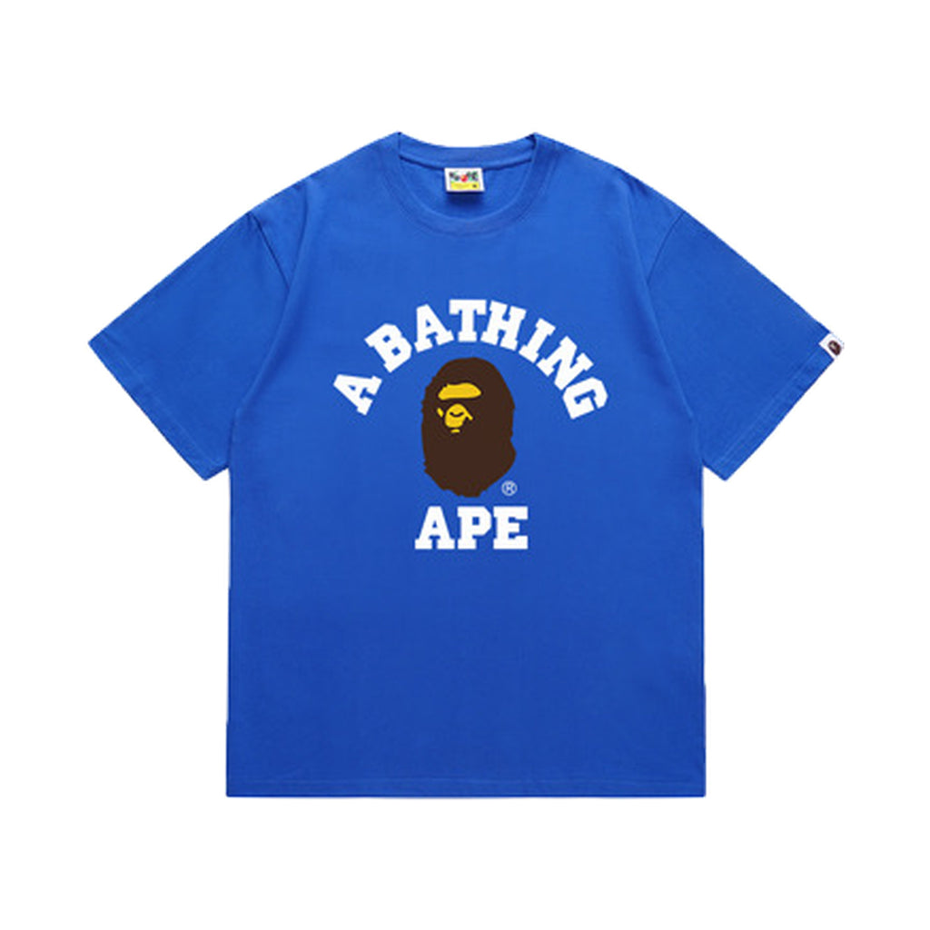 Royal Blue graphic T-shirt, arched white lettering and brown and yellow ape-head graphic, front view