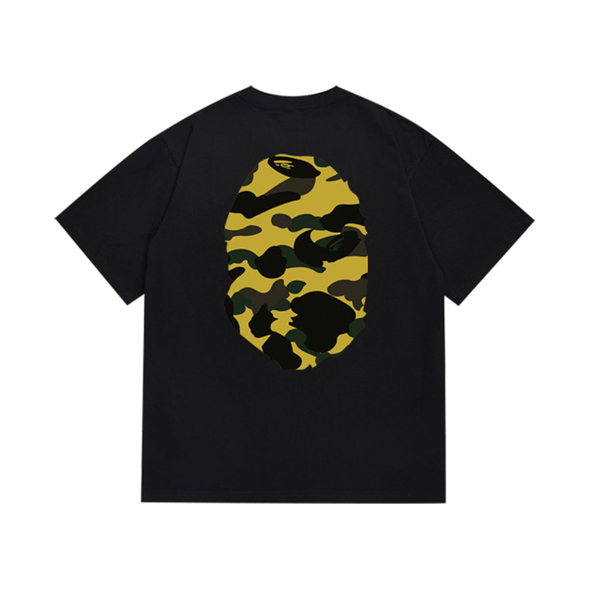 Black graphic T-shirt, large yellow and black camouflage ape-head graphics on front and back, back view