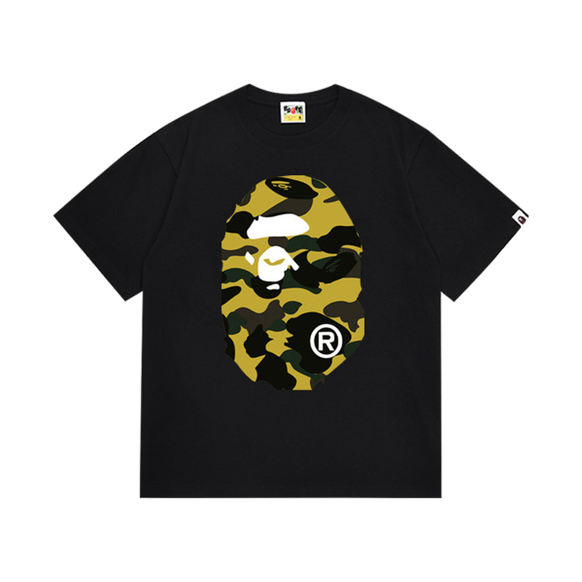 Black graphic T-shirt, large yellow and black camouflage ape-head graphics on front and back, front view