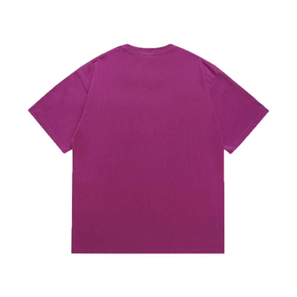Purple graphic T-shirt, plain back, back view