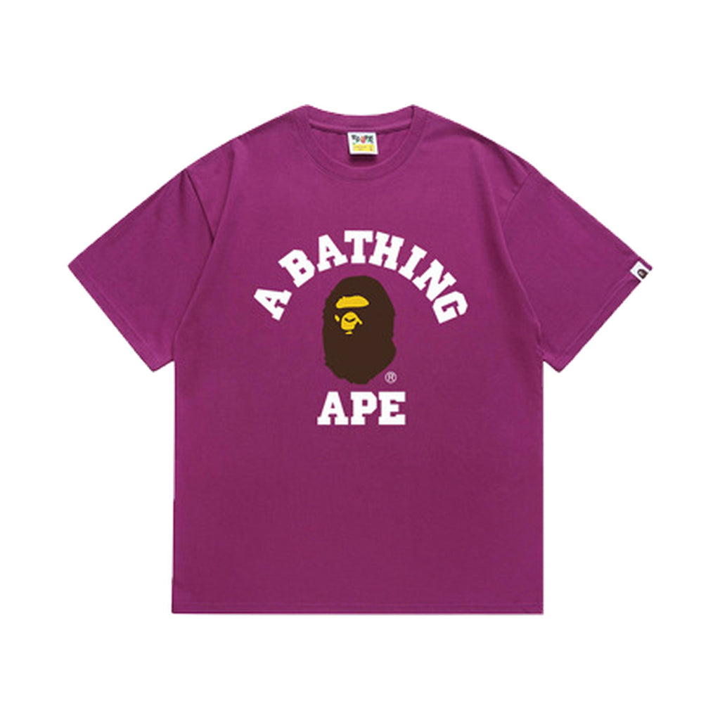 Purple graphic T-shirt, arched white lettering and brown and yellow ape-head graphic, front view