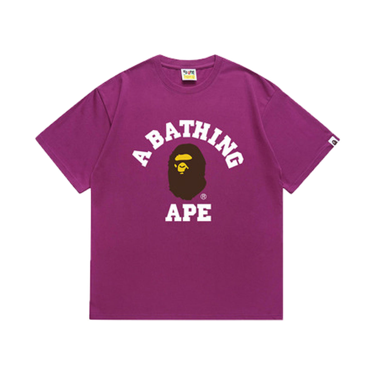 Purple graphic T-shirt, arched white lettering and brown and yellow ape-head graphic, front view