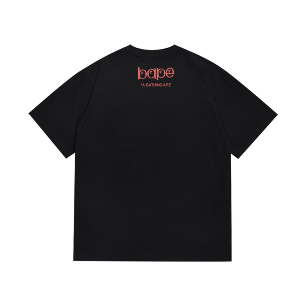 Black graphic T-shirt, small upper-back lettering, back view