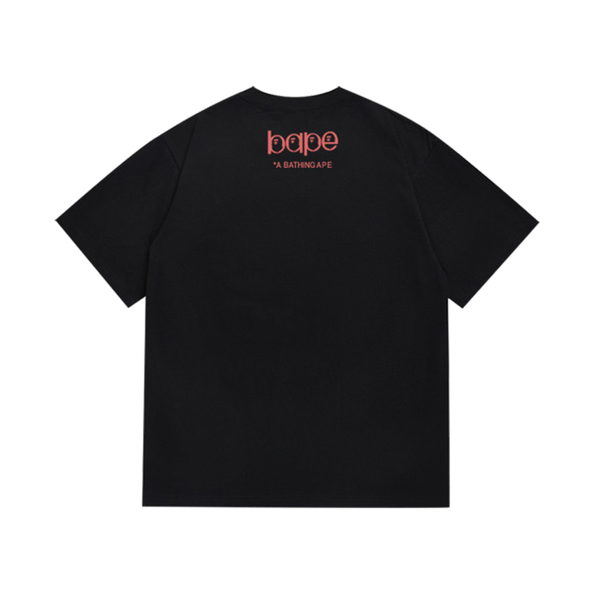Black graphic T-shirt, small upper-back lettering, back view