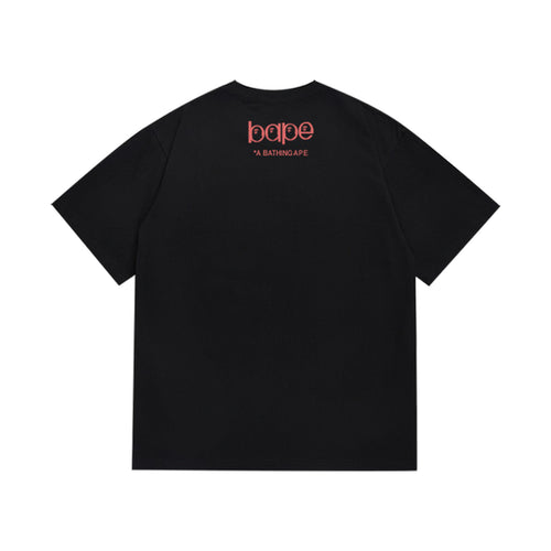 Black graphic T-shirt, small upper-back lettering, back view
