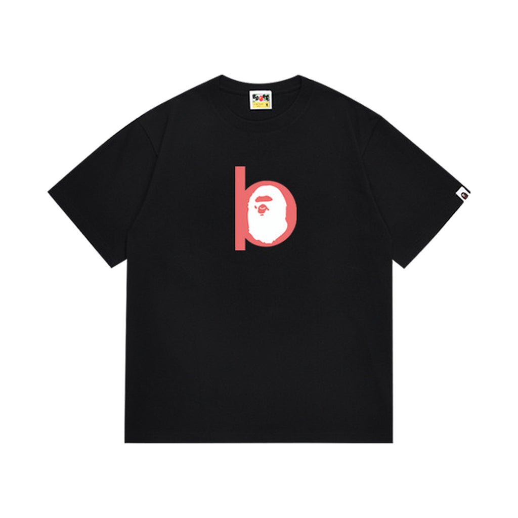 Black graphic T-shirt, red lowercase b containing an ape-head graphic, front view