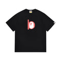 Black graphic T-shirt, red lowercase b containing an ape-head graphic, front view