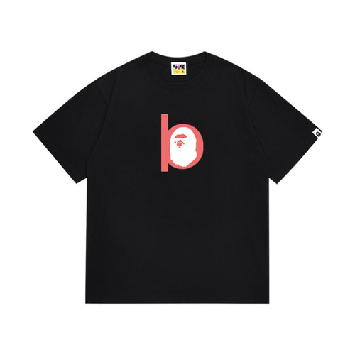 Black graphic T-shirt, red lowercase b containing an ape-head graphic, front view