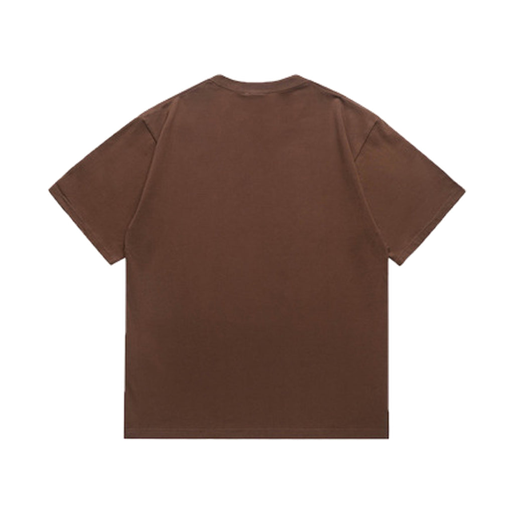 Brown graphic T-shirt, plain back, back view
