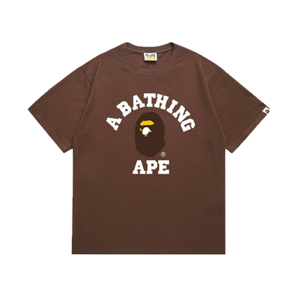 Brown graphic T-shirt, arched white lettering and brown and yellow ape-head graphic, front view