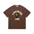 Brown graphic T-shirt, arched white lettering and brown and yellow ape-head graphic, front view