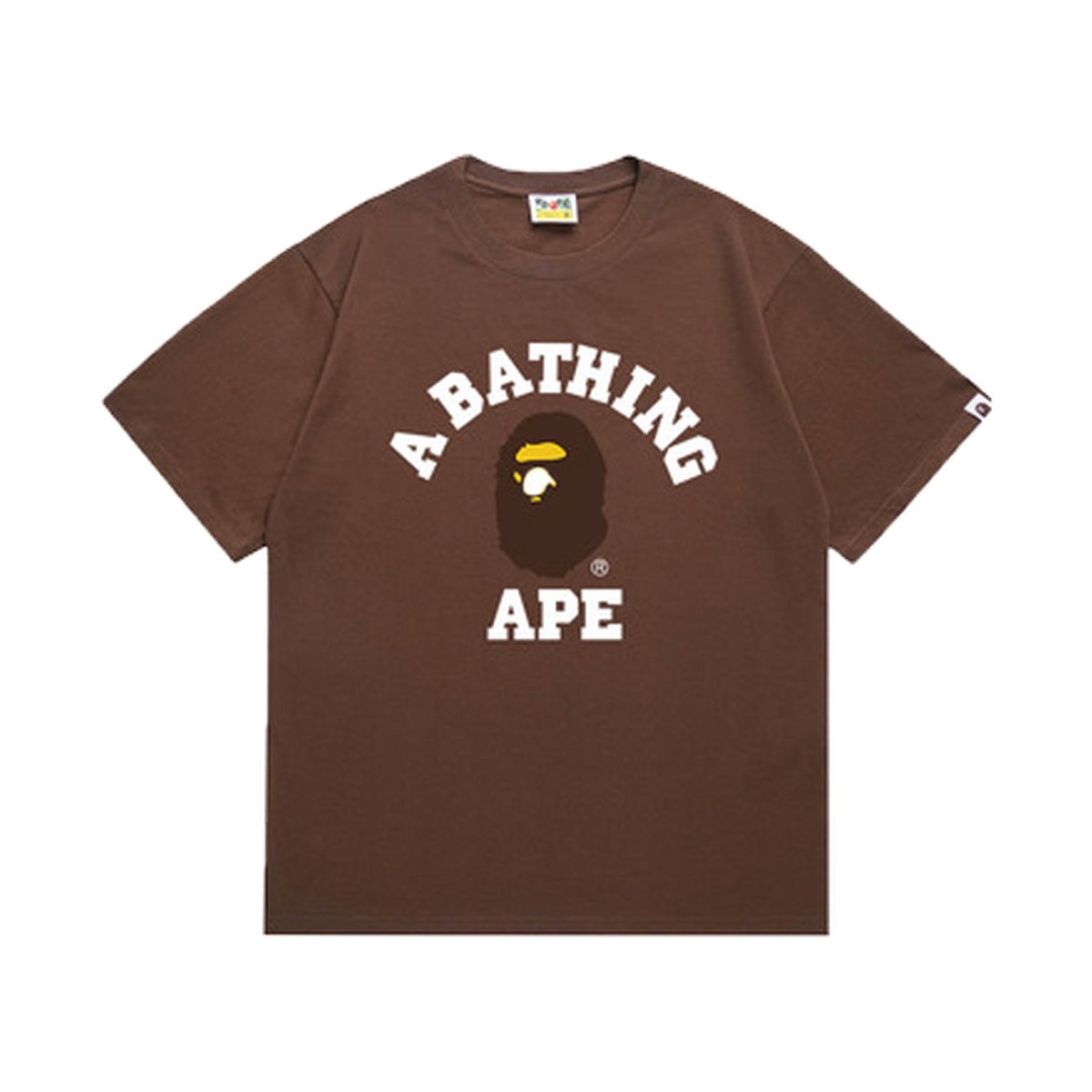 Brown graphic T-shirt, arched white lettering and brown and yellow ape-head graphic, front view