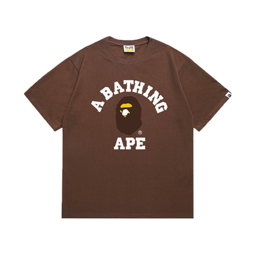 Brown graphic T-shirt, arched white lettering and brown and yellow ape-head graphic, front view