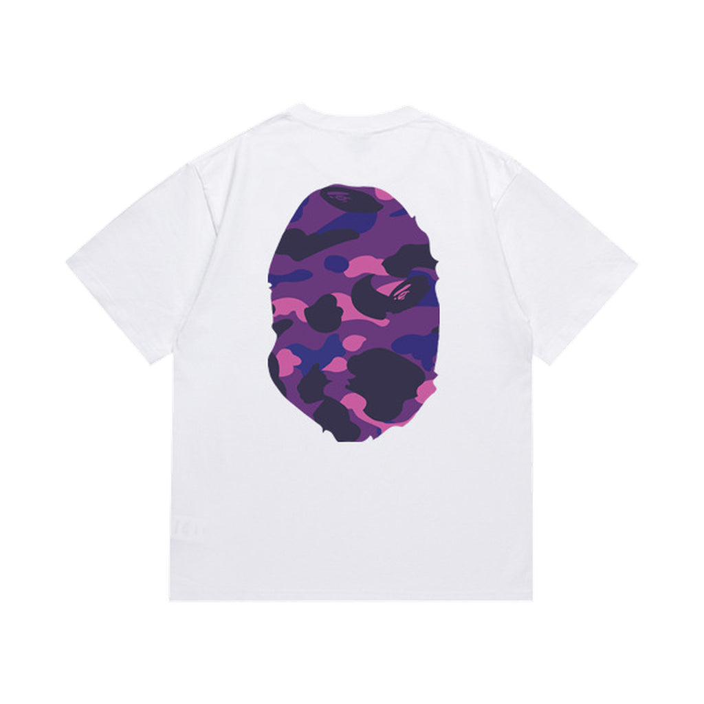 White graphic T-shirt, large purple camouflage ape-head graphics on front and back, back view
