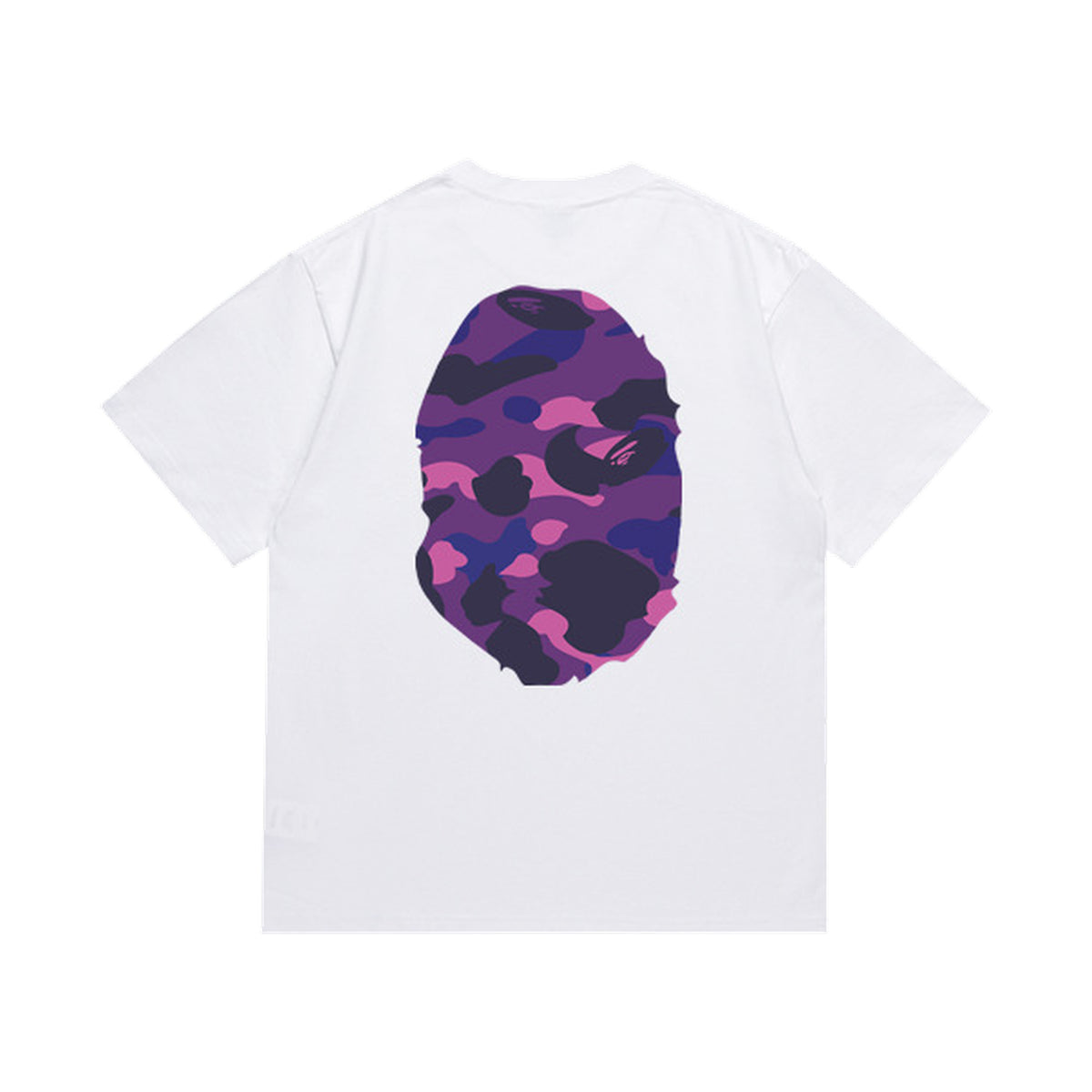 White graphic T-shirt, large purple camouflage ape-head graphics on front and back, back view
