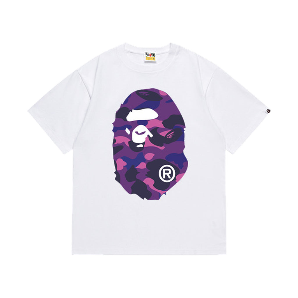 White graphic T-shirt, large purple camouflage ape-head graphics on front and back, front view