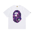 White graphic T-shirt, large purple camouflage ape-head graphics on front and back, front view