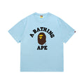 Light Blue graphic T-shirt, arched black lettering and brown and yellow ape-head graphic, front view