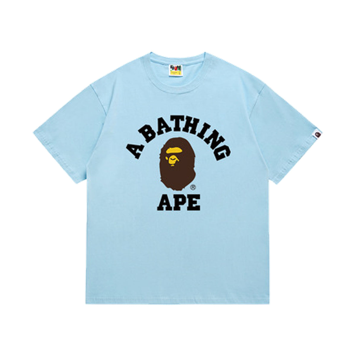 Light Blue graphic T-shirt, arched black lettering and brown and yellow ape-head graphic, front view