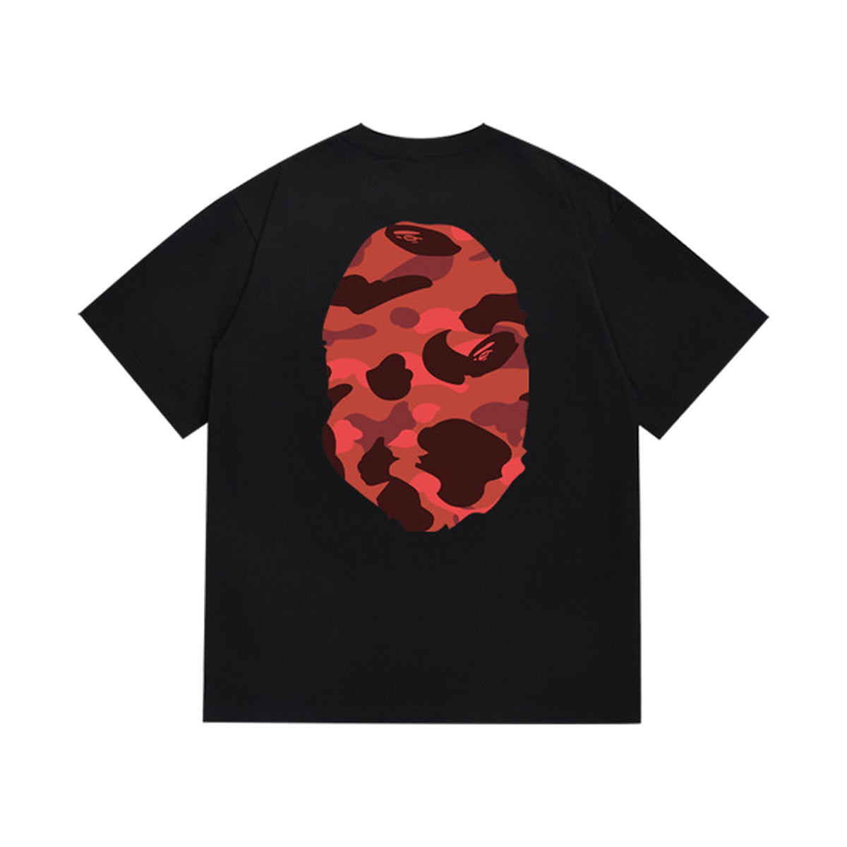 Black graphic T-shirt, large red camouflage ape-head graphics on front and back, back view