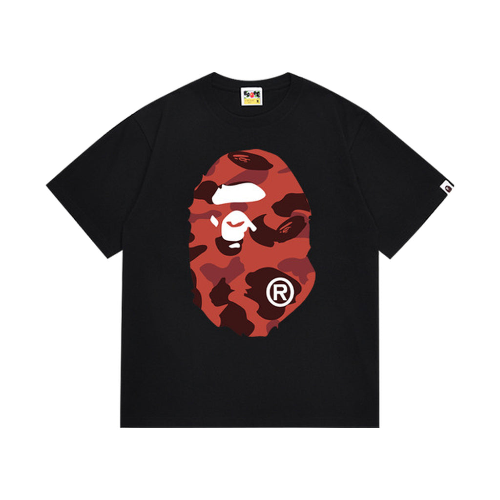 Black graphic T-shirt, large red camouflage ape-head graphics on front and back, front view