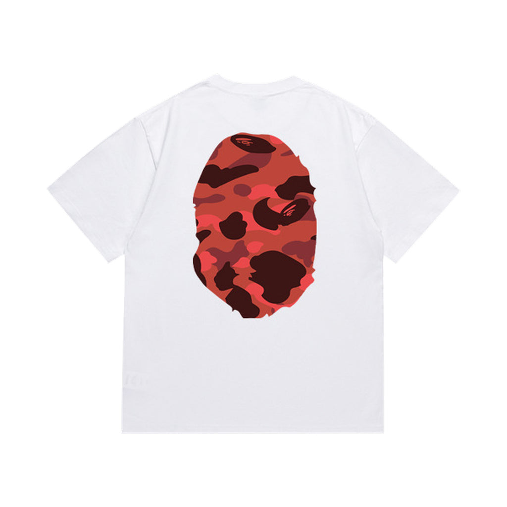 White graphic T-shirt, large red camouflage ape-head graphics on front and back, back view