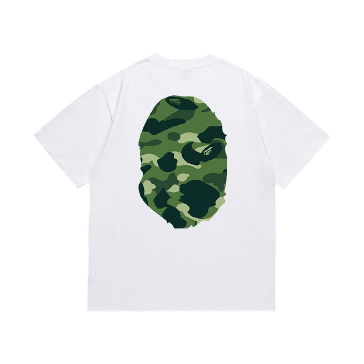 White graphic T-shirt, large green camouflage ape-head graphics on front and back, back view