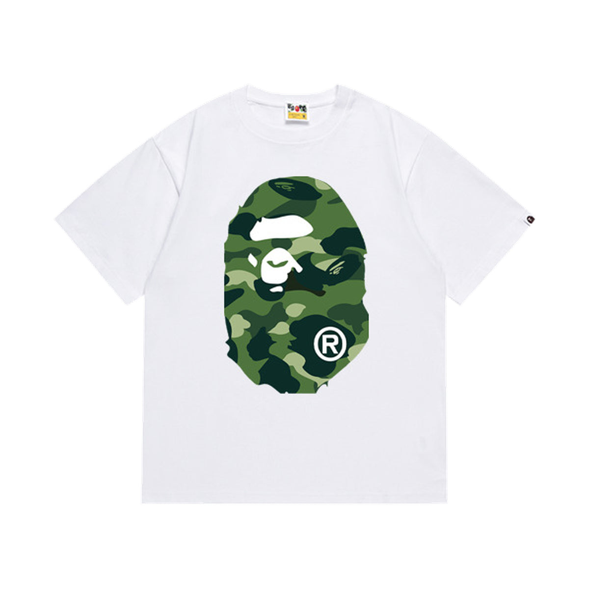 White graphic T-shirt, large green camouflage ape-head graphics on front and back, front view