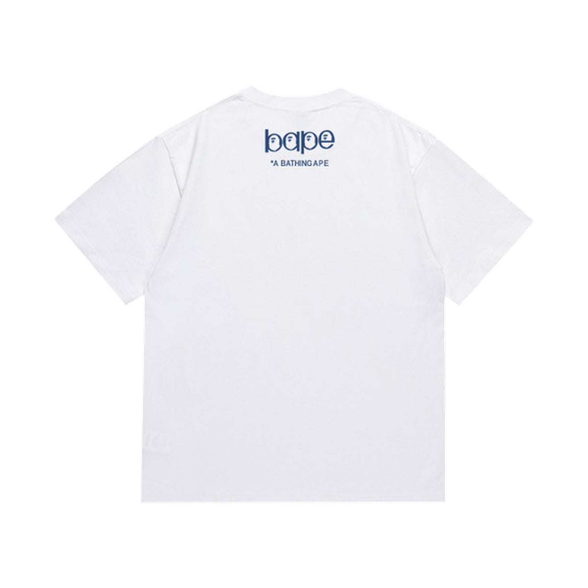 White graphic T-shirt, small upper-back lettering, back view
