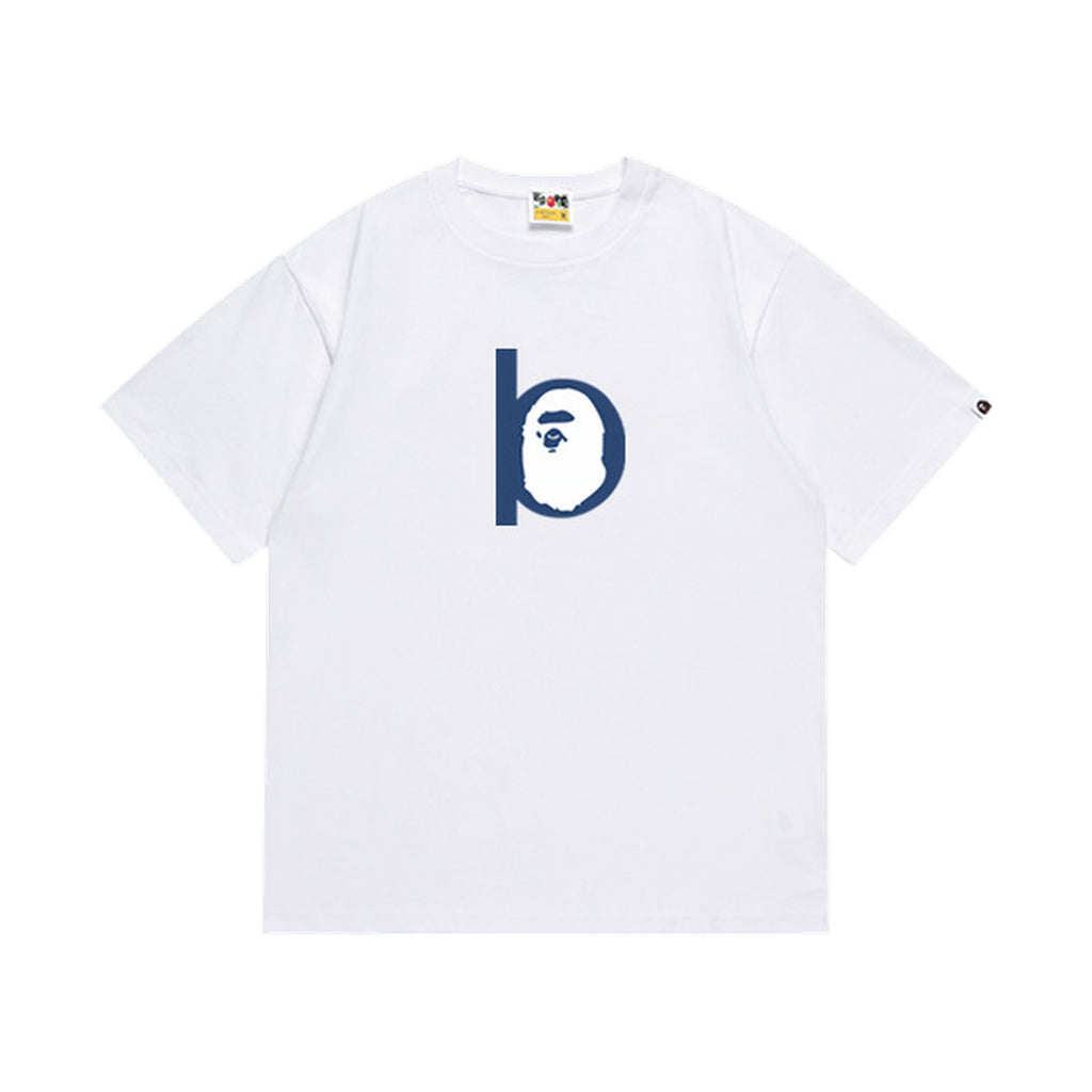 White graphic T-shirt, blue lowercase b containing an ape-head graphic, front view