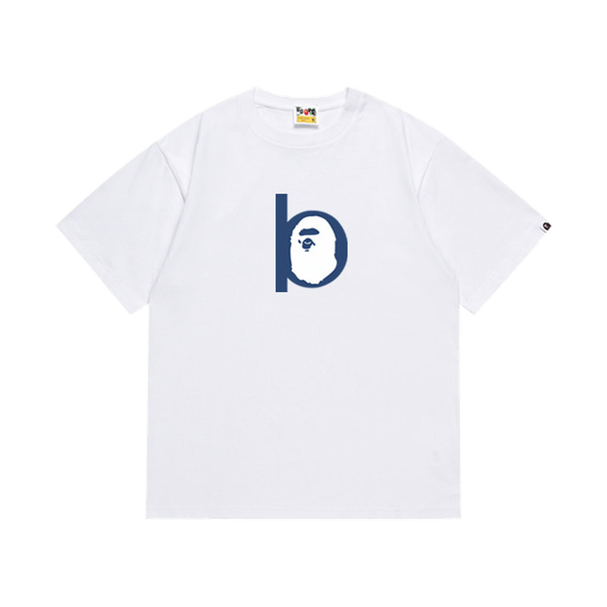 White graphic T-shirt, blue lowercase b containing an ape-head graphic, front view